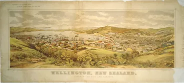 Image: Cockerell, E. A. :Wellington, New Zealand. Panorama of city and harbour. Lithographed at the New Zealand Graphic and Star Printing Works; from a painting by E A Cockerell. [Auckland] New Zealand Graphic and Star Printing Works, 1893.