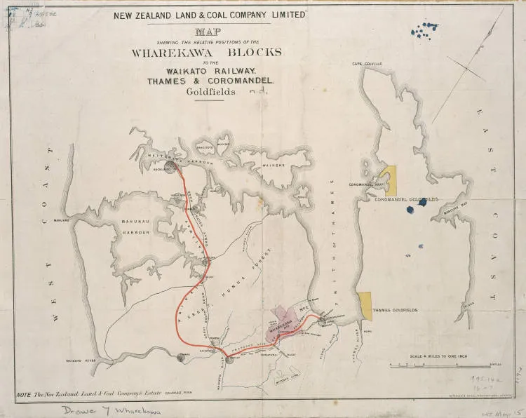 Map shewing the relative positions of the Wharekawa blocks to the Waikato railway, Thames & Coromandel goldfields