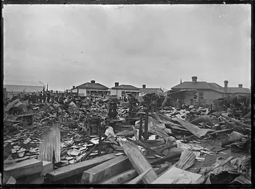 Image: Part 2 of a 2 part panorama showing the aftermath of a fire at Cook's Cooperage, Petone, 14 January 1914.