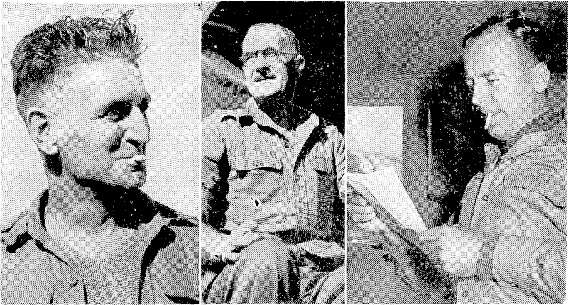 Three of the first batch of New Zealanders to be brought back by a R.N.Z.A.F. air transport from Japanese prisoner-of-war camps in Malaya and Japan. They arrived at the Auckland aerodrome yesterday. From the left, Leading Aircraftman E. E. Sergeant (Gisborne), Sergeant S. W. Peers (Papakura), and Sapper S. A. Anderson ( Dunedin). (Evening Post, 21 September 1945)