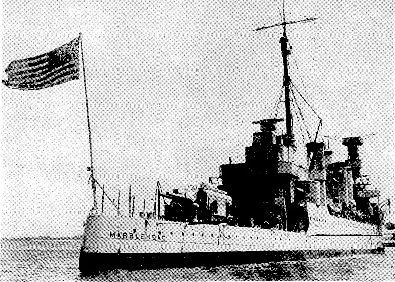 The American cruiser Marblehead, which the Japanese repeatedly claimed lo have sunk, arrived at an east coast port of the United States after an epic voyage of approximately 13,000 miles, after being badly damaged by enemy aircraft and submarines. , (Evening Post, 08 May 1942)