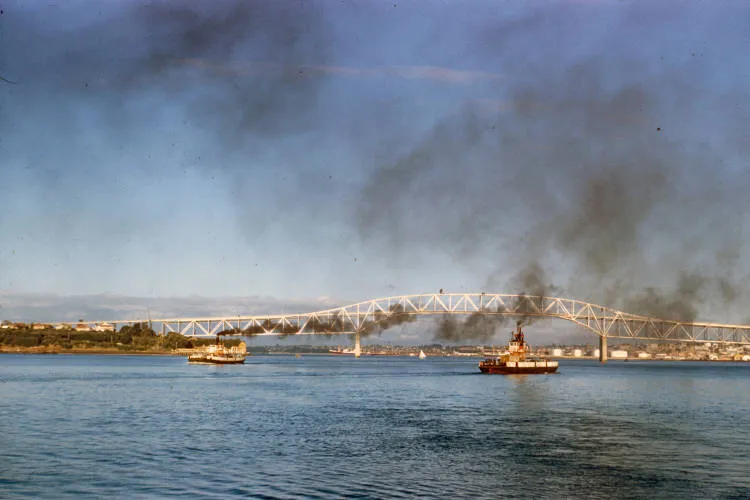 Tug and ferry participating in Auckland Harbour Bridge opening celebrations, 1959