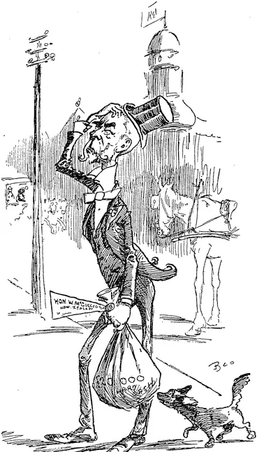 Image: 1 Otir Mac's Come Home Today.'  ' Begorra, now that I've brought me gold safely across the seas, what bank am I going to put it in ? I want to be sure I can get it out again when Her Gracious mates me a Duke.' (Observer, 14 November 1896)