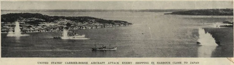United States' carrier-borne aircraft attack enemy shipping in harbour close to Japan
