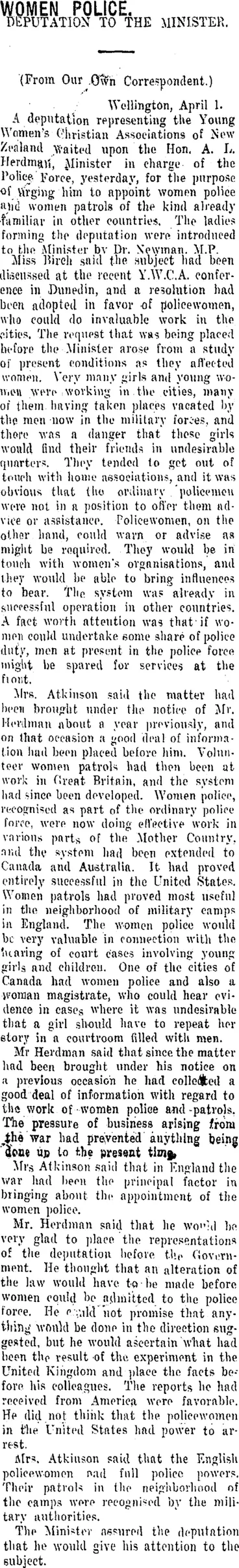 Image: WOMEN POLICE. (Taranaki Daily News 3-4-1916)