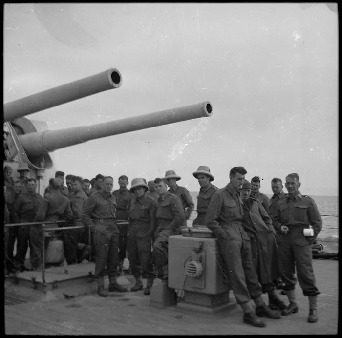 NZ troops on board a warship on way to Greece