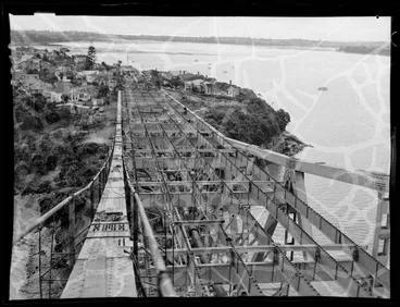 Image: Auckland Harbour Bridge construction, Stokes Point, 1957