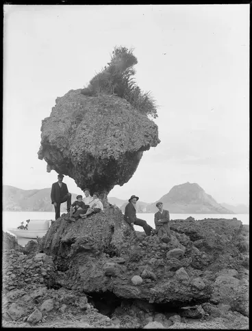 Image: Coastal scene with a boating party and an unusual 'stalked' rock, probably Whangaroa Harbour