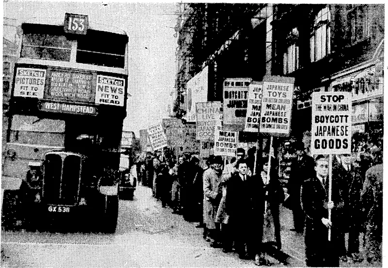 International peace campaign parade in Oxford Street, London, on Feb ruary 9, when an effort ivas made to prevent Londoners from buying Japanese goods. A number of very ivell-known people took part in the parade, including Mr. and Mrs. Noel Baker, Lady Gladstone, Mrs. Attlee, and Lady Hastings. (Evening Post, 02 March 1938)