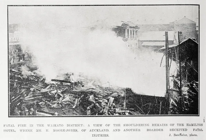 Fatal fire in the Waikato district: the smouldering remains of the Hamilton Hotel