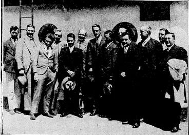 Image: ARRIVAL OF OSCAR GARDEN. '" The aviator, who is standing eighth from the left, photographed on board the Ulimaroa, with members of the Wellington Aero Club. * (Ellesmere Guardian, 02 December 1930)