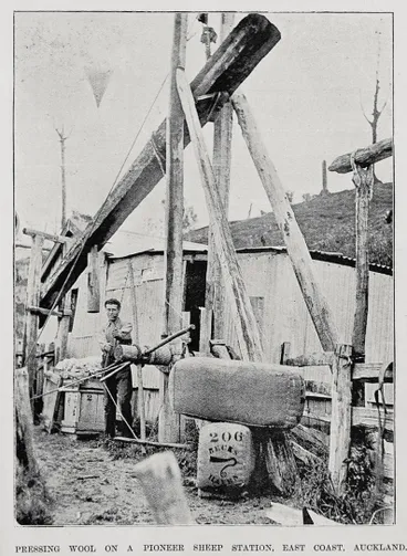 Image: Pressing wool on a pioneer sheep station, East Coast, Auckland