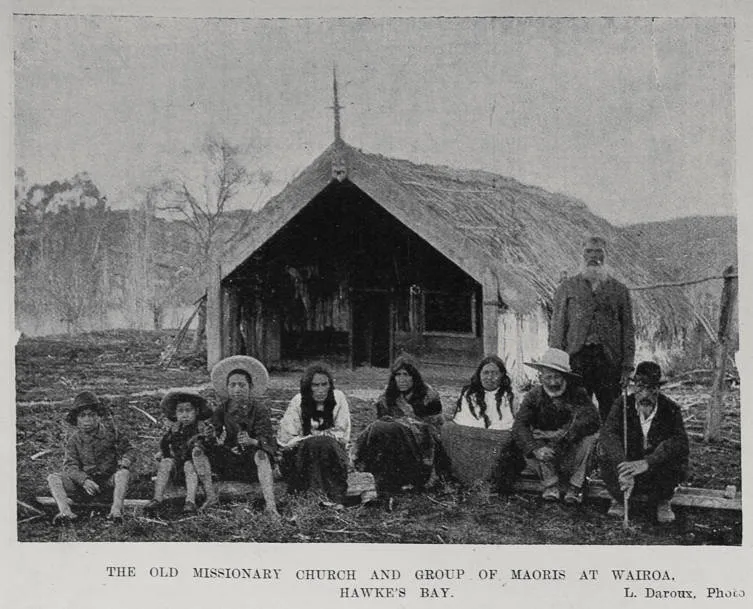 The old Missionary Church and group of Maoris at Wairoa, Hawke's Bay