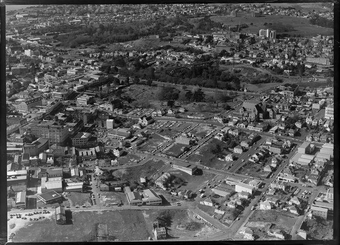 Newton, Auckland with motorway construction on right of Grafton Bridge