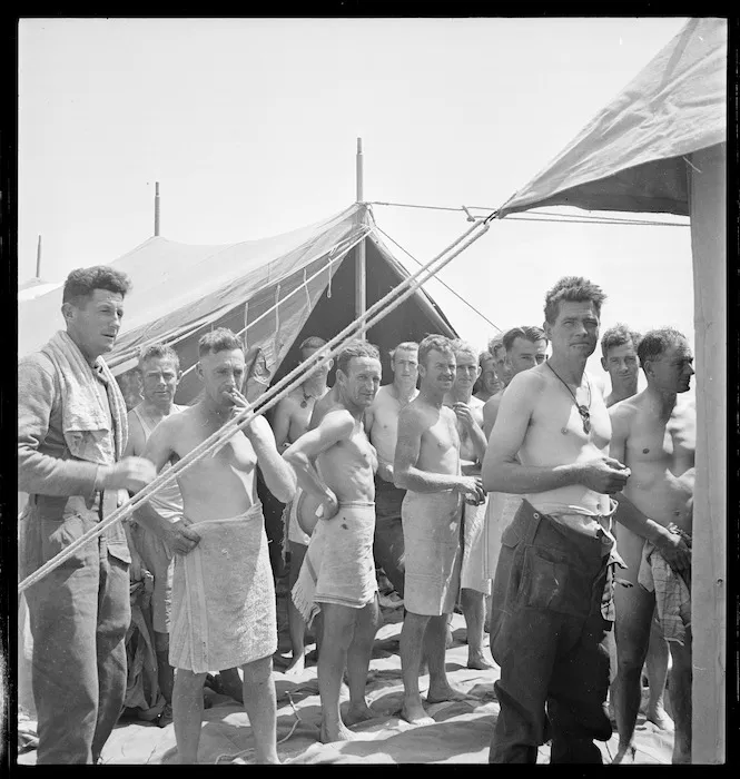 World War II New Zealand soldiers in Tunisia lining up for a hot shower