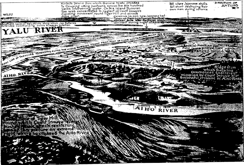 THE RUSSO-JAPANESE WAR THE BATTLEFIELD OF KIU-LIEN-CHENG. WITH THE OPERATIONS INDICATED IN DETAIL,  —Illustrated London News. (Otago Witness, 20 July 1904)