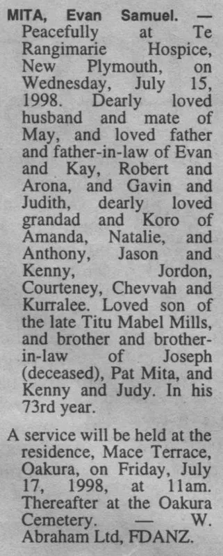 Mita, Evan Samuel Death Notice 1998 (The Hawke's Bay Herald-Tribune)
