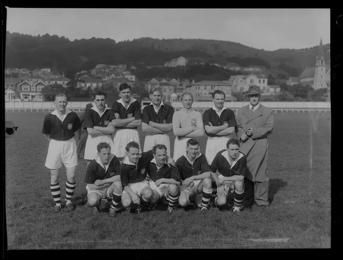 Christchurch Western Suburbs soccer team, winners of the Chatham Cup trophy, at the Basin Reserve, Wellington