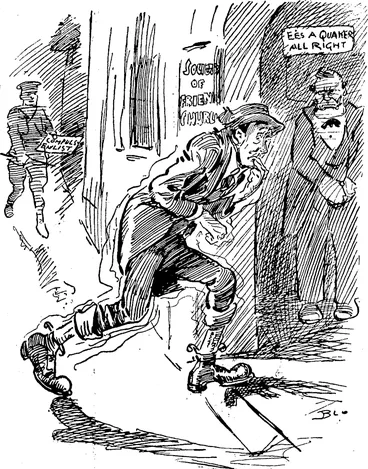 Image: THE. SHIRKER'S LAST REFUGE. New-born Conscientious Objector Shirker:��� Other refuge have I none, hangs my useless soul on Thee, Leave, ah leave me not clone, still support and comfort me, (Observer, 01 July 1916)