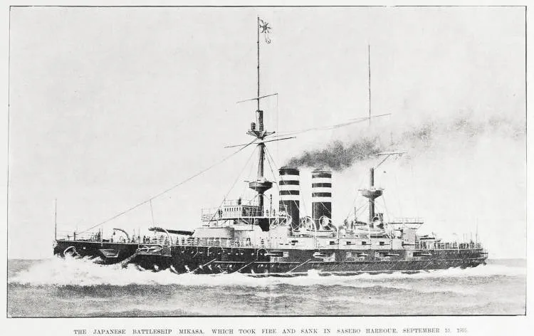 THE JAPANESE BATTLESHIP MIKASA, WHICH TOOK FIRE AND SANK IN SASEBO HARBOUR, SEPTEMBER 10, 1905