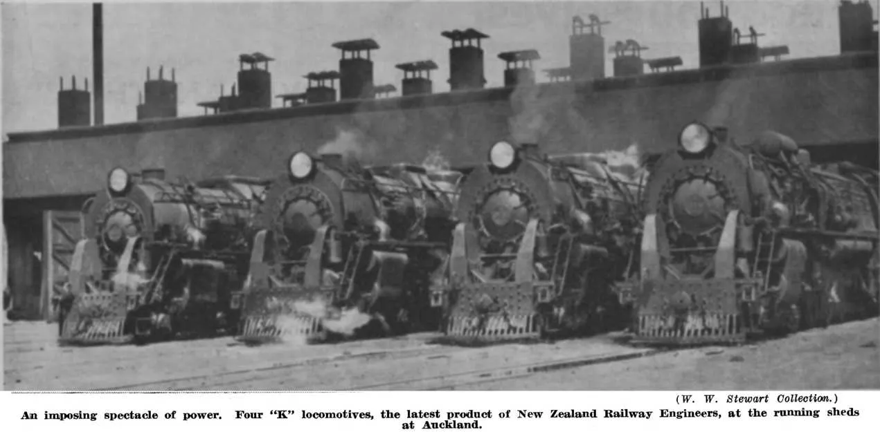 (W. W. Stewart Collection.) — An imposing spectacle of power. Four “K” locomotives, the latest product of New Zealand Railway Engineers, at the running sheds at Auckland