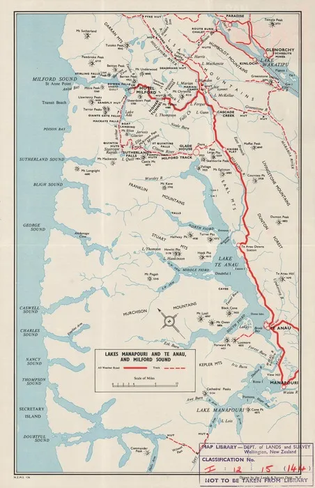 Sightseeing map of Fiordland National Park, New Zealand.