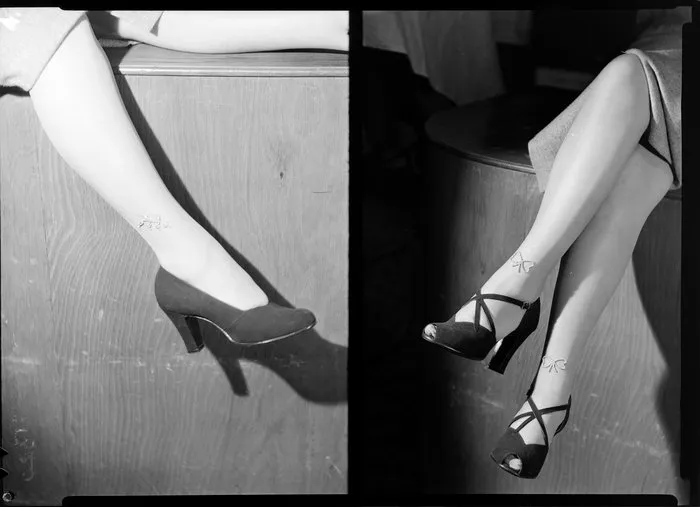Feet modelling high heeled shoes & jewelled stockings [two images]
