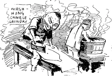 Image: The Chinese Lanndry.���Washing and Ironing done for next to nothing. (Observer, 16 May 1896)