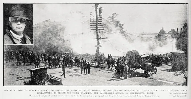 Smouldering remains of the Hamilton Hotel