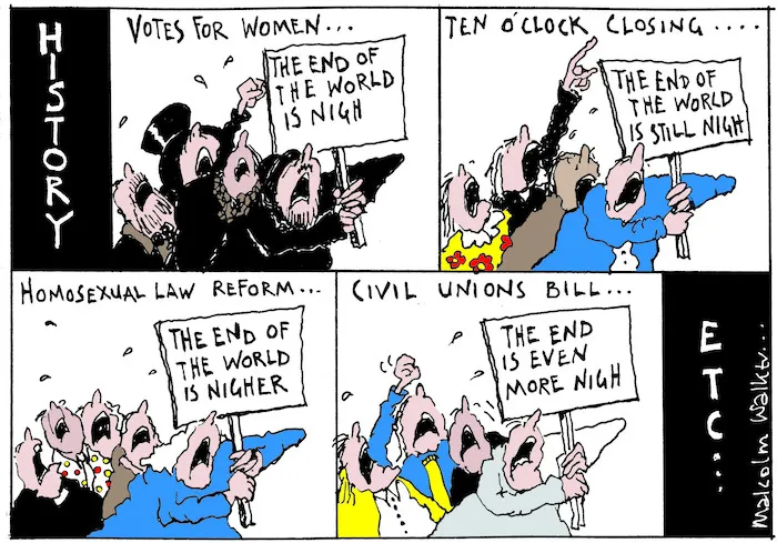 HISTORY. Votes for women... (The end of the world is nigh). Ten o'clock closing... (The end of the world is still nigh). Homosexual Law Reform... (The end of the world is nigher). Civil Unions Bill... (The end is even more nigh). ETC... Sunday News, 3 December 2004
