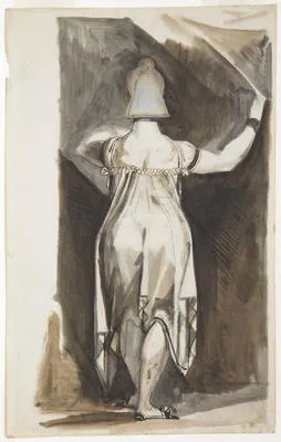 A Woman standing, seen from the back, drawing a curtain aside