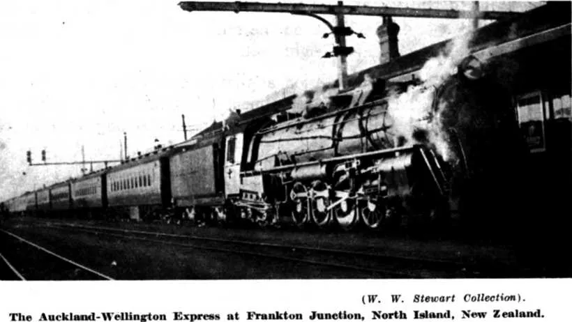 (W. W. Stewart Collection). — The Auckland-Wellington Express at Frankton Junction, North Island, New Zealand