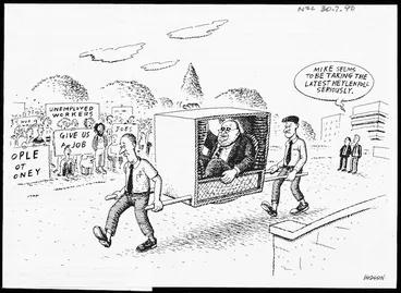 Image: Hodgson, Trace, 1958- :'Mike seems to be taking the Heylen poll seriously.' New Zealand Listener, 30 July 1990.