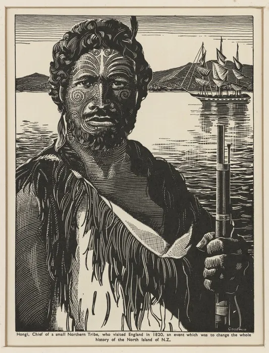 Goodwin, Arnold Frederick, 1890-1978 :Hongi, chief of a small northern tribe, who visited England in 1820, an event which was to change the whole history of the North Island of New Zealand. [Edinburgh? ca 1930]