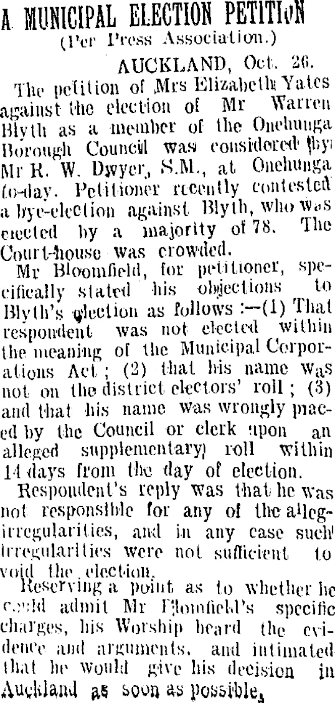 A MUNICIPAL ELECTION PETITION. (Taranaki Daily News 27-10-1905)