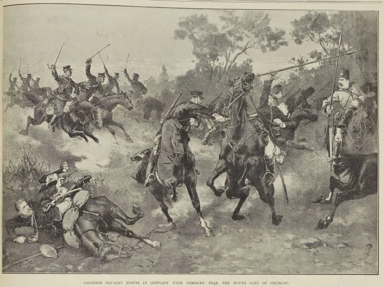 JAPANESE CAVALRY SCOUTS IN CONFLICT WITH COSSACKS NEAR THE SOUTH GATE OF CHONG JU
