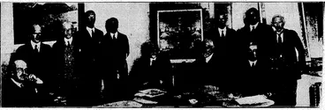 Image: Evening Post" FkoW. THOSE WHO APPRO\'hU THE NATIONAL WAR MEMORIAL DESlGN.—Seated (from left), Dr. Carbery, Sir Harold Beauchamp, Mr. G. A. Troup (Mayor oft Wellington), and the Prime Minister (the Hon.;G. W. Forbes), members of the Board'of'Trustees. Standing, Messrs. Cecil Wood (judge), H. M. Gore (secretary to the < board),]. W. Mawson and W. Gray Young (judges), W. R. B. Oliver, H. D. Bennett, and J. W. M'Ewan (Board of Trustees). (Evening Post, 18 June 1930)