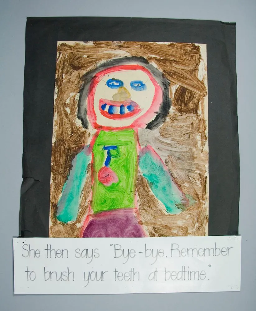 Child's painting: 'She then says "Bye-bye. Remember to brush your teeth at bed time".'