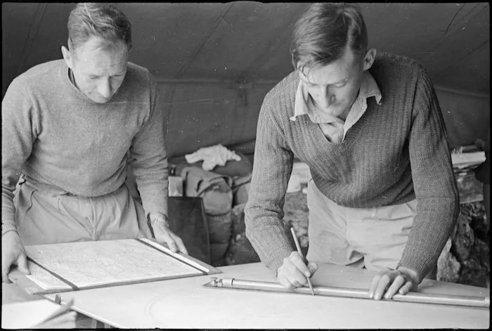 I N Wards and B R Renton of a 2 NZ Division Flash-spotting unit in the Cassino area, Italy, World War II - Photograph taken by George Kaye