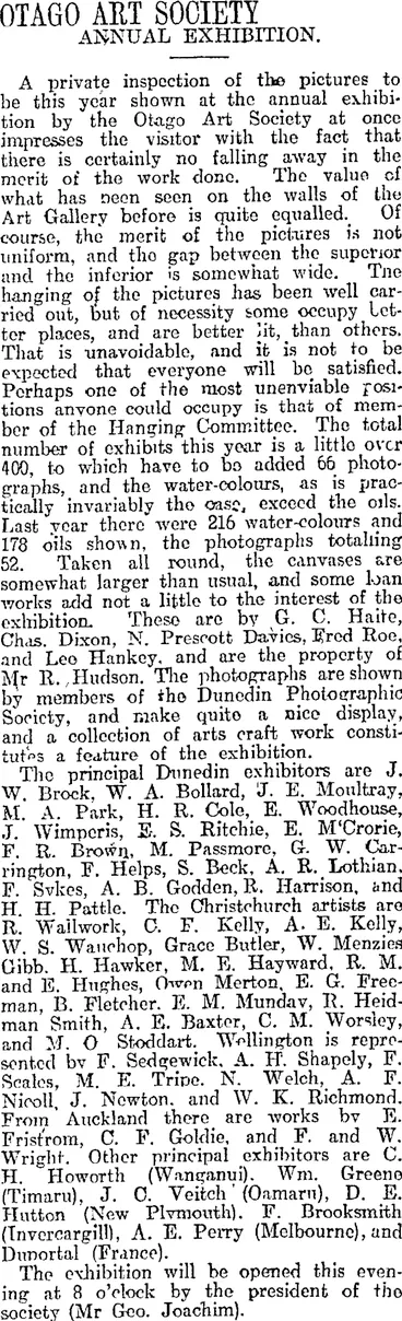 Image: OTAGO ART SOCIETY (Otago Daily Times 13-11-1916)