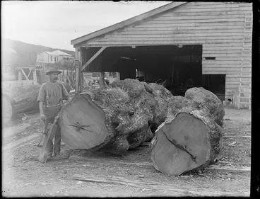 Image: An unidentified sawmill worker with two large logs in front of the Kakahi Sawmill, Kakahi Settlement, Manawatu-Whanganui Region