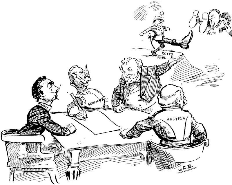 NOT WHAT THEY EXPECTED.  Geneial Kouropatkin has declared that France, Germany, and Austria have an agieement with Russia to pievent Butain taking pait in another Berlin Treaty for lobbing Russia of the fiuits of hei coming victones.—Gable item.  John Bull: It stnkef me, gentlemen, you'te baikmg vp quite the tnonff tree. Cast your eyes ore?- there and you'll Japan is jolly ivell able to take care of himself. Pei haps you'd better fond yourseh es not to dejmi e him of the ft ints of victory. (New Zealand Free Lance, 26 March 1904)