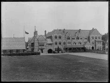 Image: Quadrangle and buildings at Christ's College, Christchurch, including Big School and group of students standing next to School House