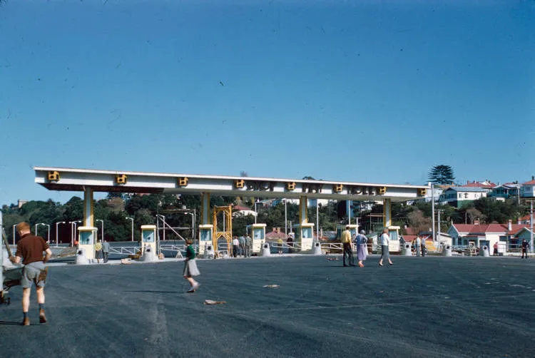 Toll plaza nearing completion, Auckland Harbour Bridge, 1959
