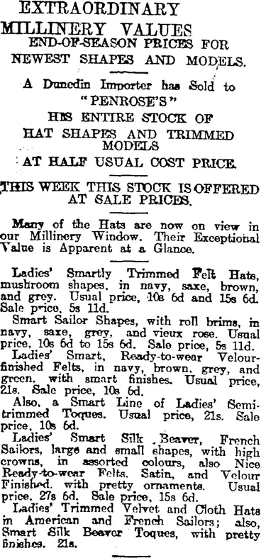 Image: EXTRAORDINARY MILLINERY VALUES. (Otago Daily Times 31-5-1918)