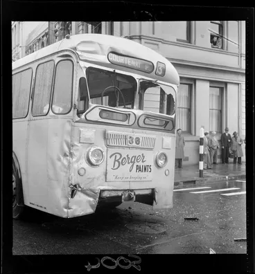 Image: Damage to trolley bus after accident with diesel bus, Mercer Street, Wellington