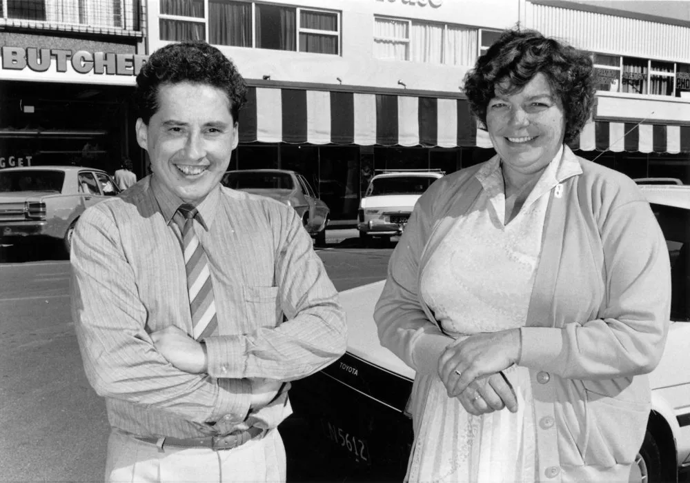 Geange street; Philip Bentley, optician, and Denise Delbridge, (Thompson's News Agency) exchange shops.