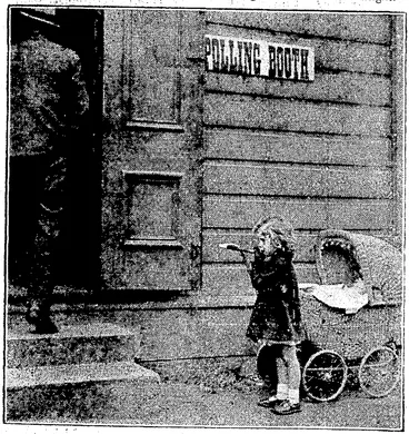 Image: crowd-ffromttkej balcony, offthe "Evening .Posf'-abpiU, midnight. Mindmg:,baby?wh'ile [mother votes, a scene outside one of.the polling " —■■'■■ \ ■■■■■/■•■-- ..;■ – --' booths yesterday,- .. --■■ —■' _J (Evening Post, 28 November 1935)