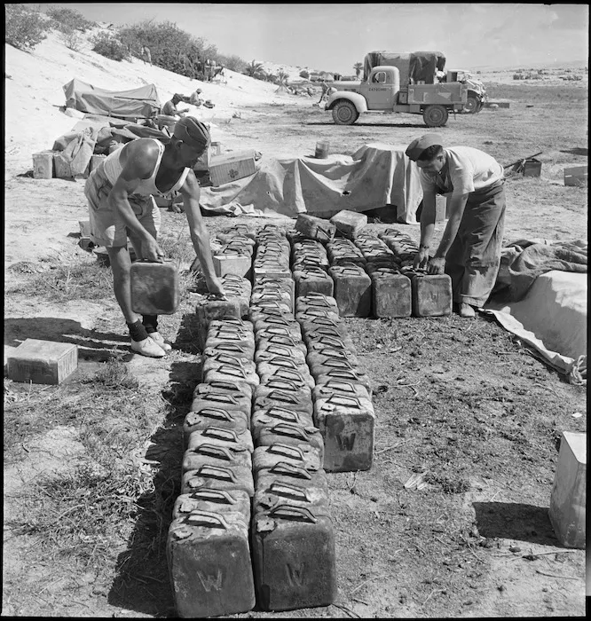 Checking over water cans before October offensive, Burg el Arab, Egypt