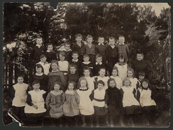 Zoe Dryden and the infants class, Karori School, Wellington - Photograph taken by St George